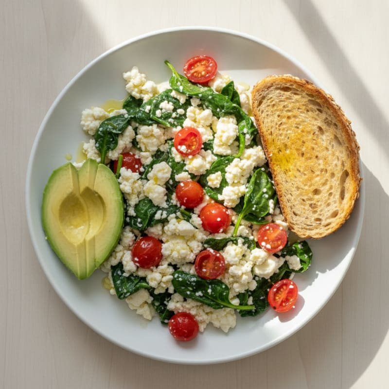 Egg White and Cottage Cheese Scramble with Spinach and Cherry Tomatoes