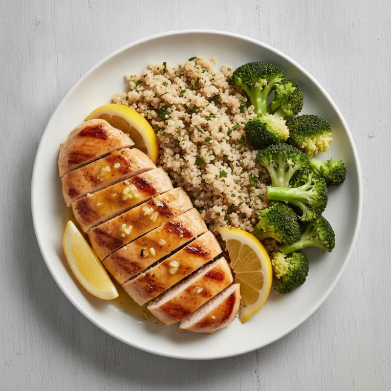 Grilled Lemon-Garlic Chicken Breast with Quinoa and Steamed Broccoli