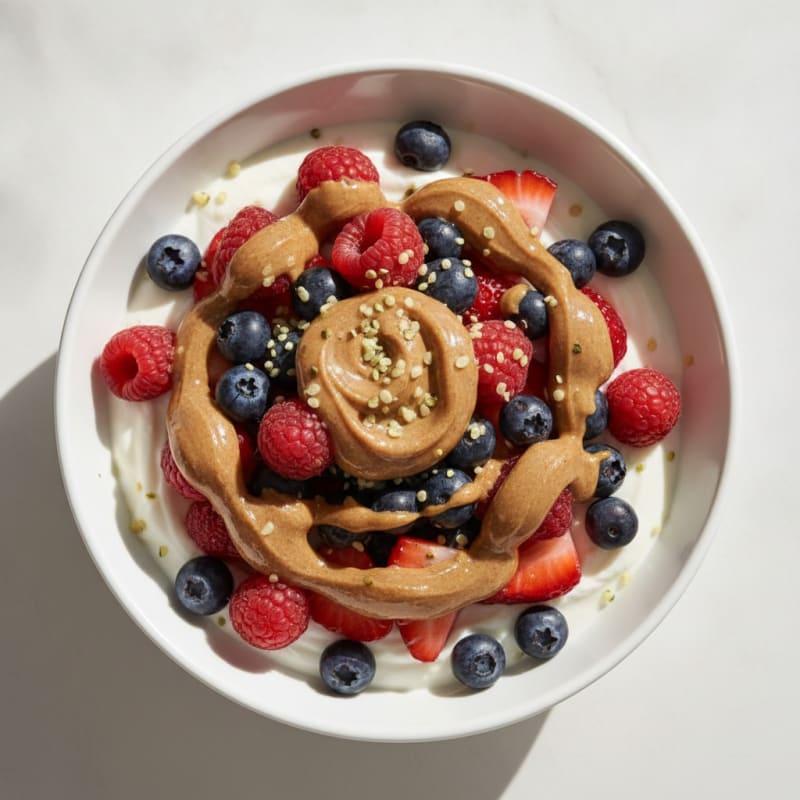 Creamy Protein Yogurt Parfait with Mixed Berries and Almond Butter