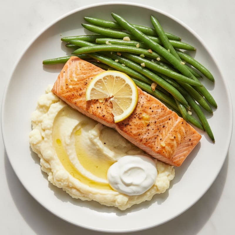 Seared Salmon with Garlic Green Beans and Mashed Cauliflower