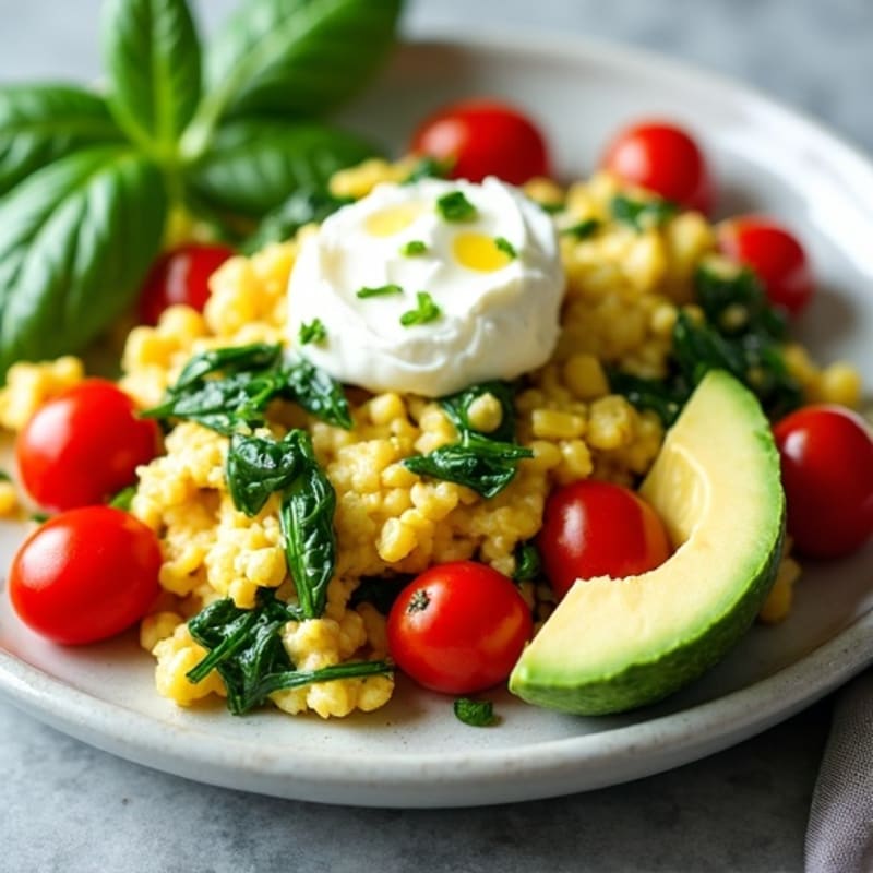 Cottage Cheese Egg White Scramble with Spinach and Cherry Tomatoes