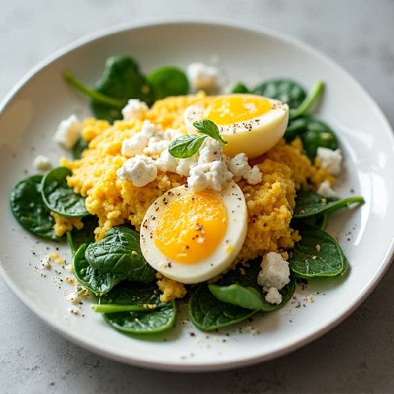 Fluffy Egg Scramble with Fresh Spinach and Crumbled Feta