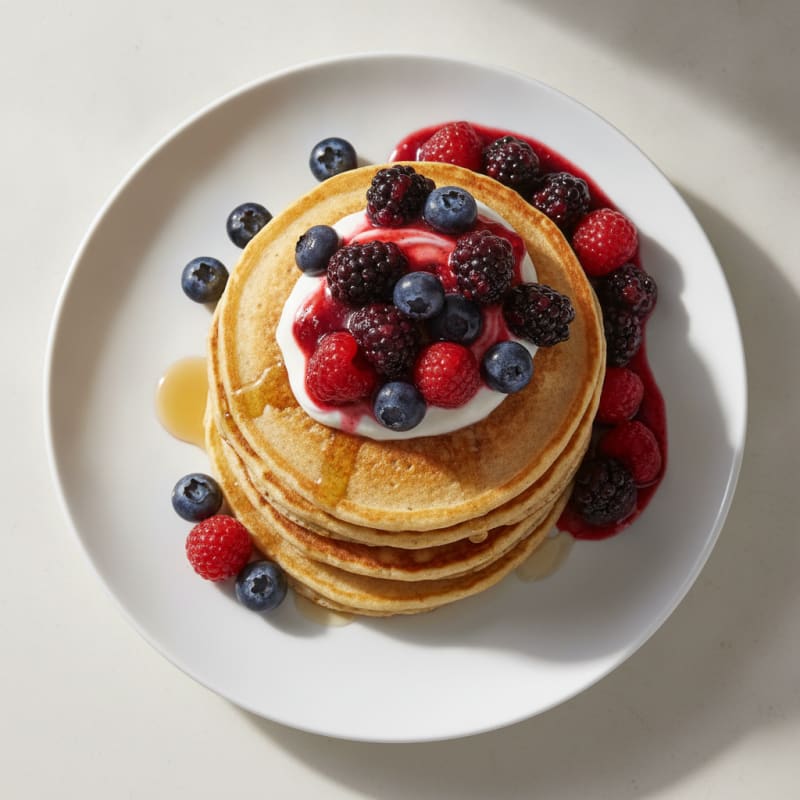 Fluffy High-Protein Buttermilk Pancakes with Berry Compote