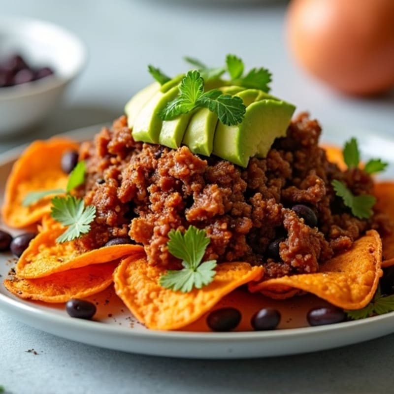 Smoky Pulled Pork Nachos with Crispy Sweet Potato Chips and Fresh Avocado
