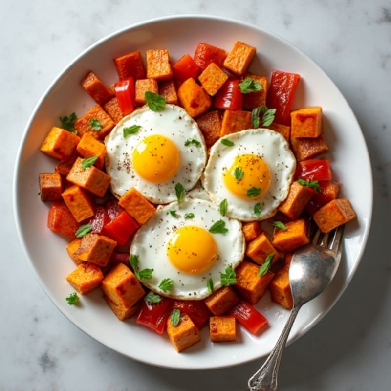 Sheet Pan Eggs with Roasted Sweet Potatoes and Bell Peppers