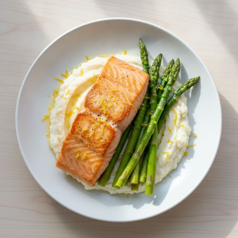 Seared Salmon with Steamed Asparagus and Cauliflower Mash
