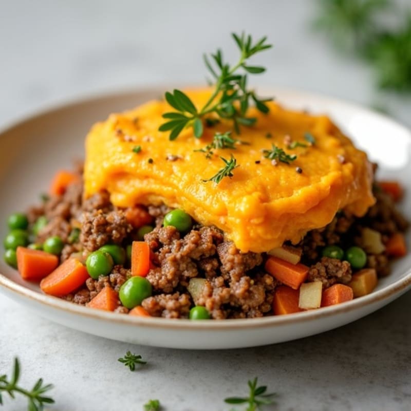 Lean Ground Beef and Vegetable Shepherd's Pie with Creamy Sweet Potato Topping