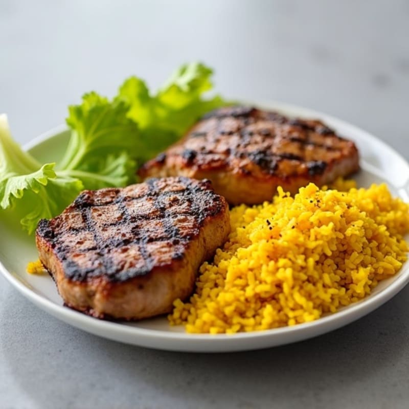 Grilled Steak and Chicken with Fluffy Yellow Rice and Crisp Lettuce