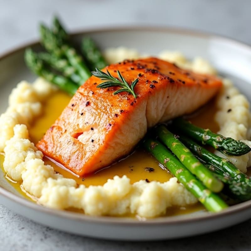 Seared Salmon with Steamed Asparagus and Garlic Mashed Cauliflower