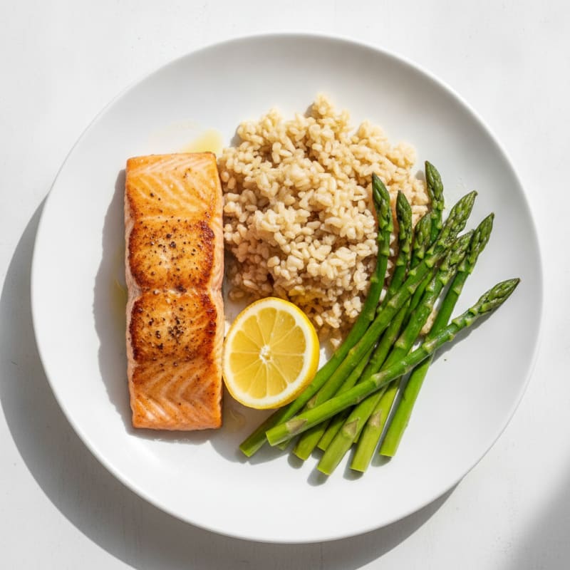 Seared Salmon with Steamed Asparagus and Brown Rice