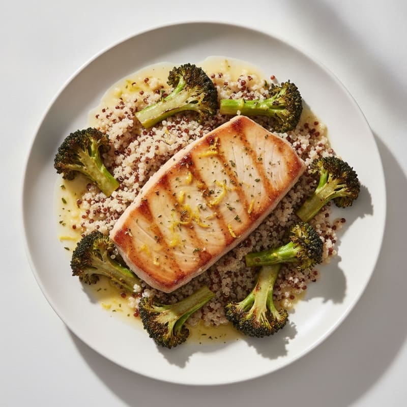 Grilled Tuna Steak with Roasted Broccoli and Quinoa
