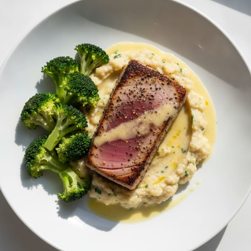 Seared Tuna Steak with Steamed Broccoli and Garlic Cauliflower Mash