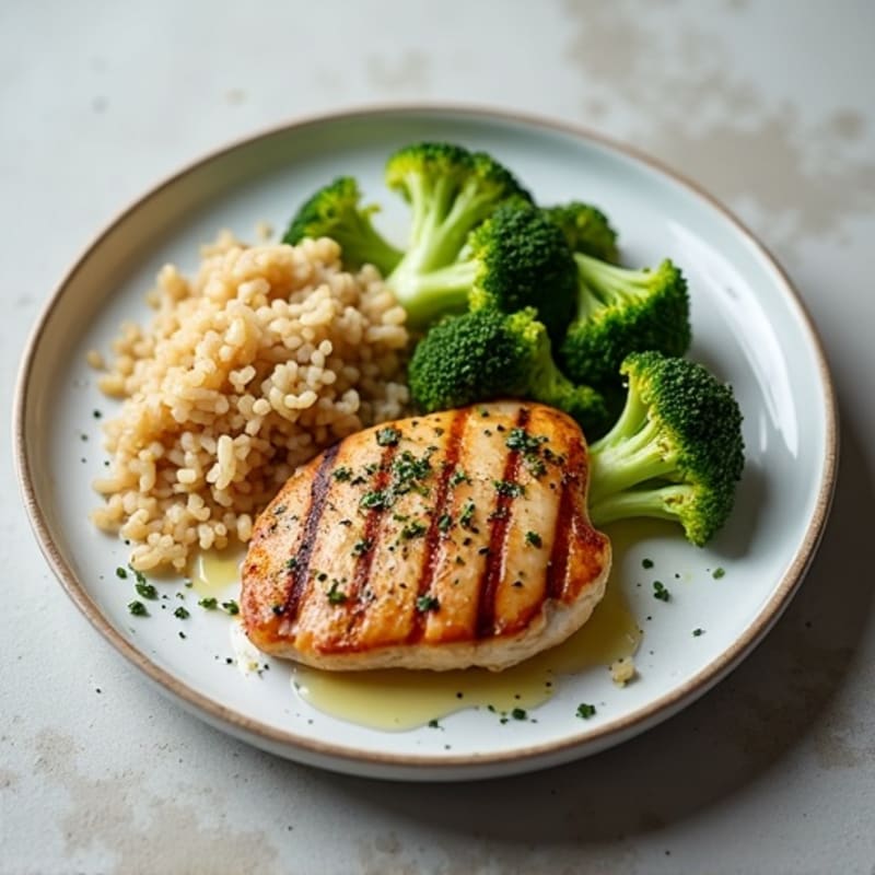Herb-Grilled Chicken Breast with Steamed Broccoli and Brown Rice