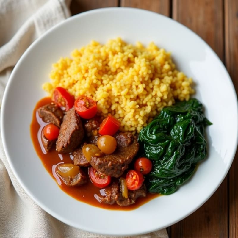 Eba with Lean Beef Stew and Sautéed Spinach