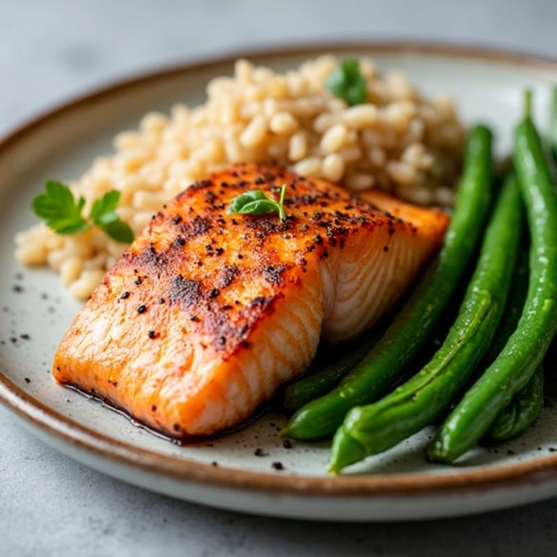 Seared Salmon with Steamed Green Beans and Brown Rice