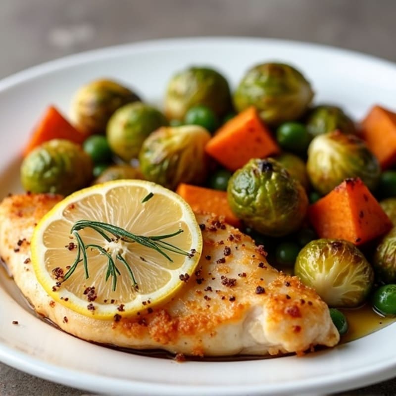 Lemon Herb-Roasted Chicken with Crispy Brussels Sprouts and Sweet Potato