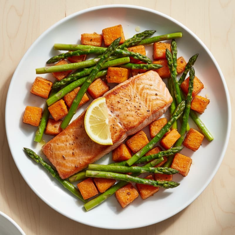 Seared Salmon Fillet with Roasted Sweet Potatoes and Asparagus