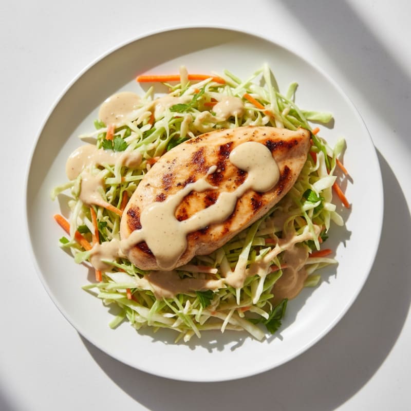 Grilled Chicken Breast with Crunchy Cabbage Slaw and Lemon Tahini Dressing