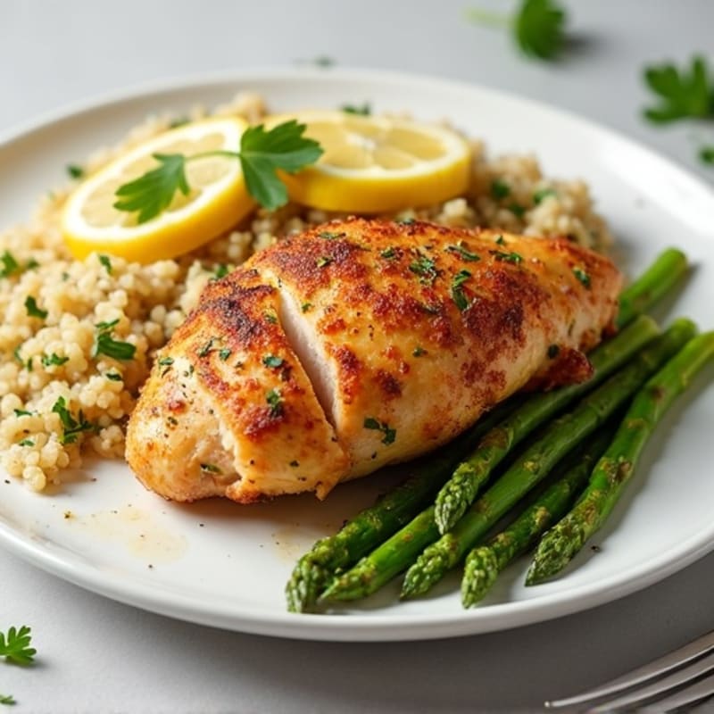 Crispy Rotisserie Chicken with Roasted Asparagus and Lemon-Herb Quinoa