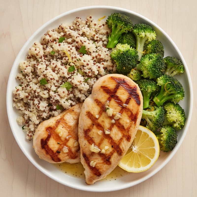 Grilled Lemon-Garlic Chicken Breast with Quinoa and Steamed Broccoli