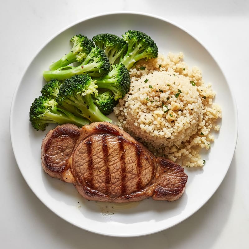Seared Lean Beef with Steamed Broccoli and Quinoa