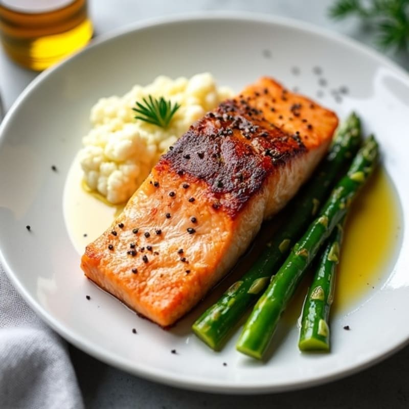Seared Salmon with Steamed Asparagus and Cauliflower Mash