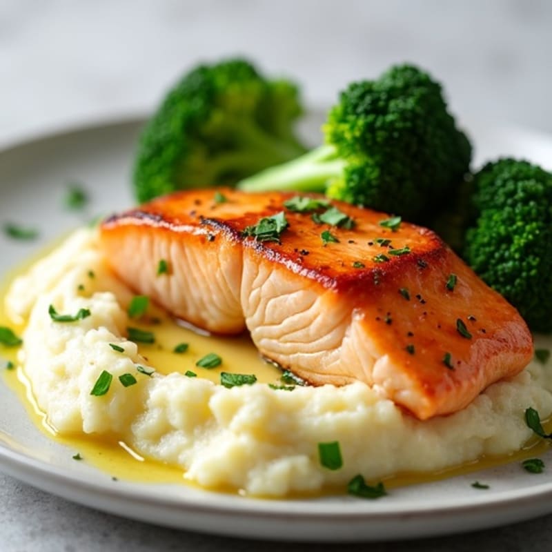 Seared Salmon with Steamed Broccoli and Garlic Mashed Potatoes