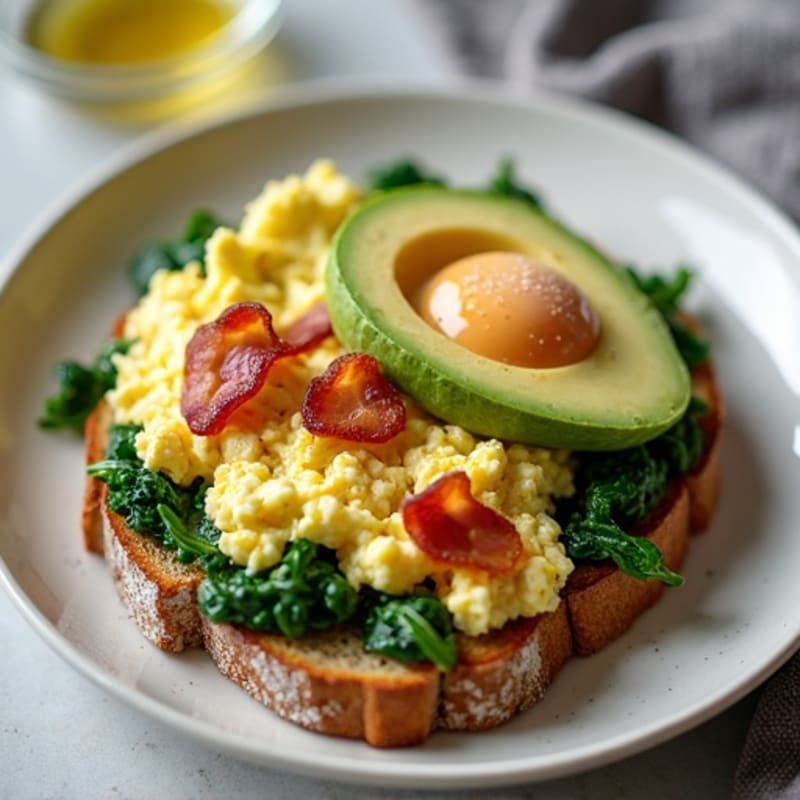 Cottage Cheese and Egg White Scramble with Sautéed Spinach, Turkey Bacon, and Avocado Toast