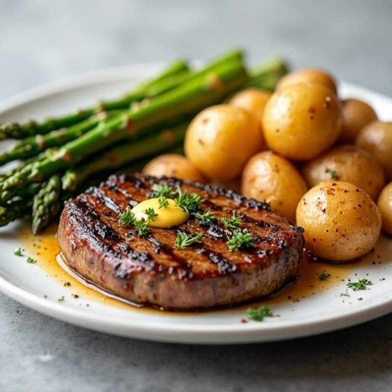 Pan-Seared Garlic Butter Steak with Crispy Roasted Potatoes and Asparagus