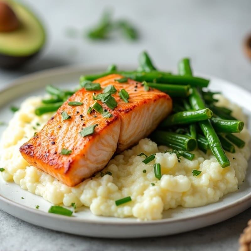 Seared Salmon with Steamed Green Beans and Cauliflower Mash