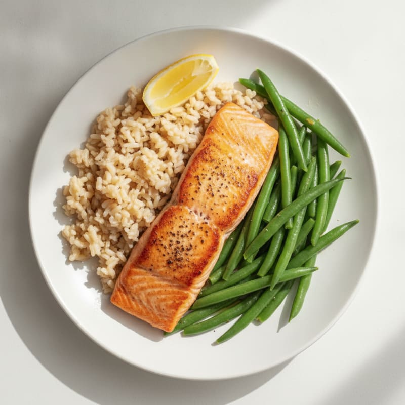 Seared Salmon with Steamed Green Beans and Brown Rice