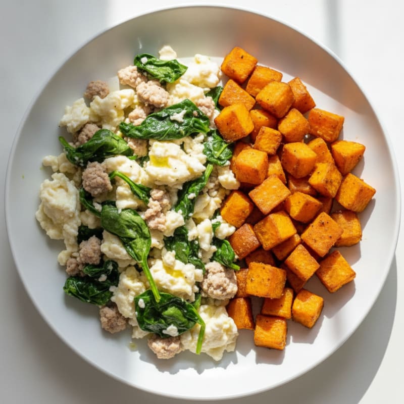 Egg White and Turkey Spinach Scramble with Roasted Sweet Potato