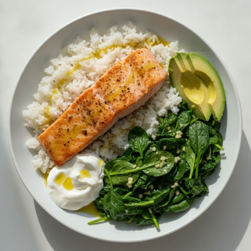 Seared Salmon with Steamed Rice and Garlic Sautéed Spinach