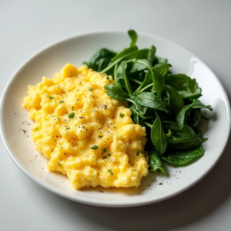 Fluffy Scrambled Eggs with Sautéed Greens