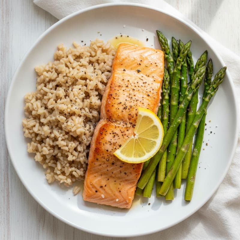 Seared Salmon Fillet with Roasted Asparagus and Brown Rice