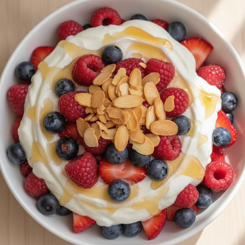 Greek Yogurt Protein Parfait with Mixed Berries and Almonds