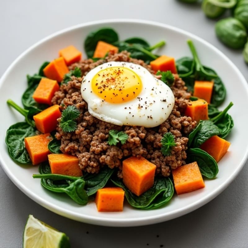 Lean Ground Beef Skillet with Sweet Potatoes and Spinach