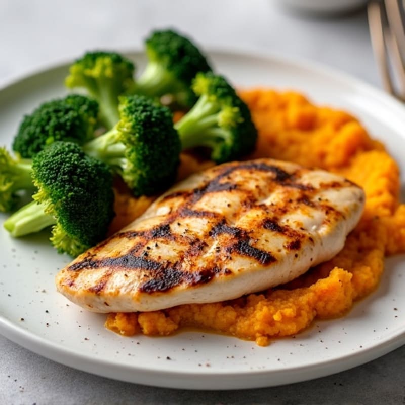 Grilled Chicken Breast with Roasted Broccoli and Sweet Potato Mash