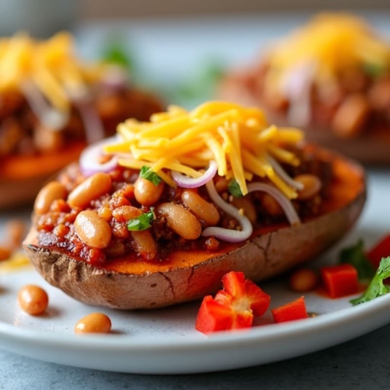 Baked Sweet Potato Skins with Turkey Chili and Melted Cheese