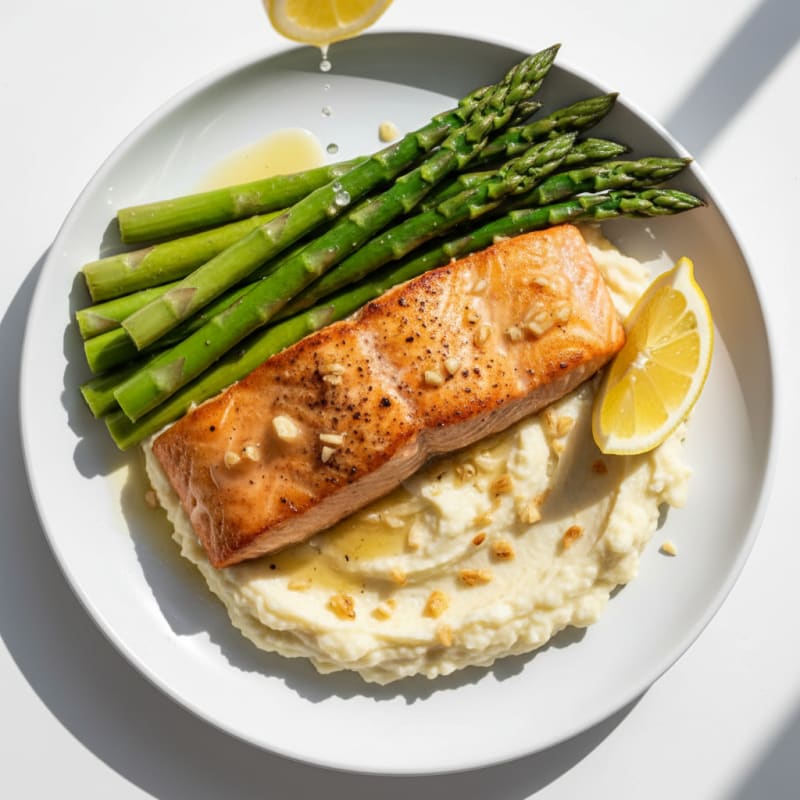 Seared Salmon with Steamed Asparagus and Cauliflower Mash