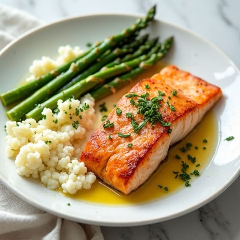 Seared Salmon with Steamed Asparagus and Cauliflower Mash