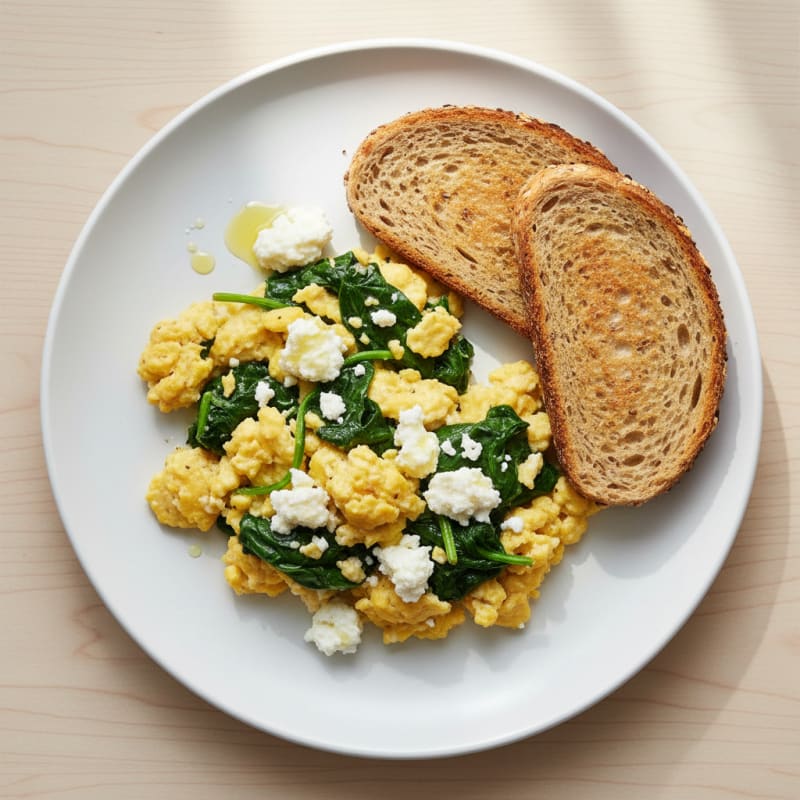 Scrambled Eggs with Cottage Cheese and Sautéed Spinach