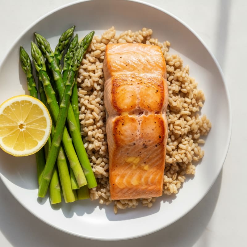 Seared Salmon with Steamed Asparagus and Brown Rice