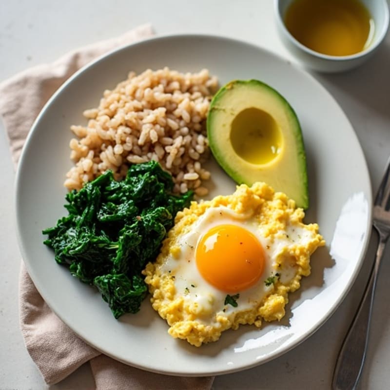 Egg White and Chicken Sausage Scramble with Sautéed Spinach and Brown Rice
