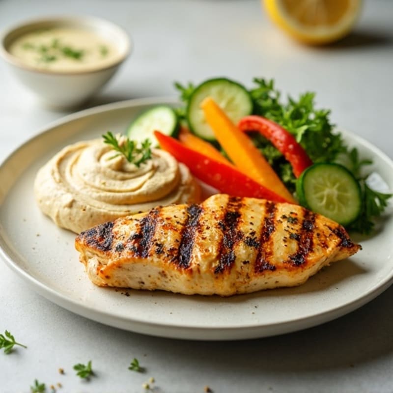 Grilled Lemon-Herb Chicken with Creamy Hummus and Fresh Crunchy Vegetables