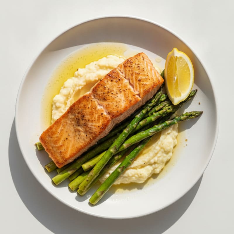 Seared Salmon with Roasted Asparagus and Cauliflower Mash