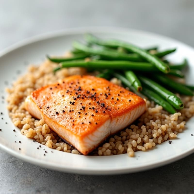 Seared Salmon with Steamed Green Beans and Brown Rice