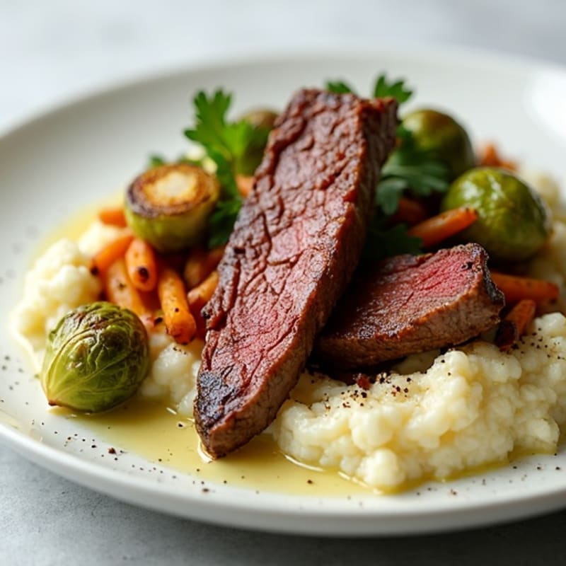 Seared Lean Beef Strips with Roasted Brussels Sprouts and Cauliflower Mash