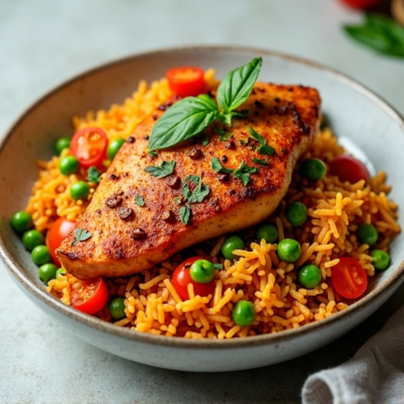 Skillet Spiced Chicken with Tomato-Saffron Rice and Peas