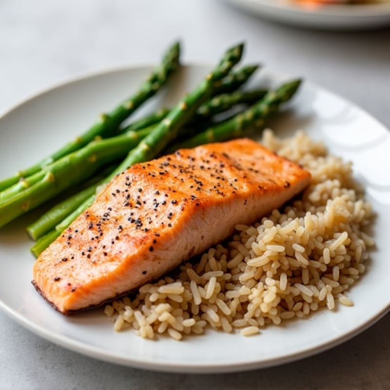 Seared Salmon with Steamed Asparagus and Brown Rice